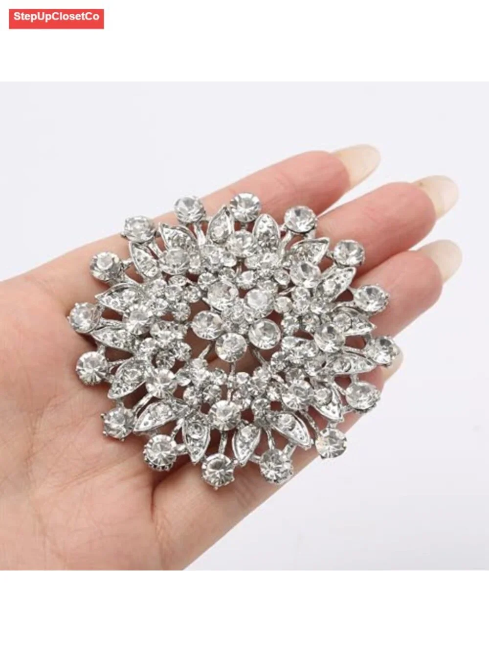 Flower Leaf Crystal Brooch Pin Bridal Corsage 2.5